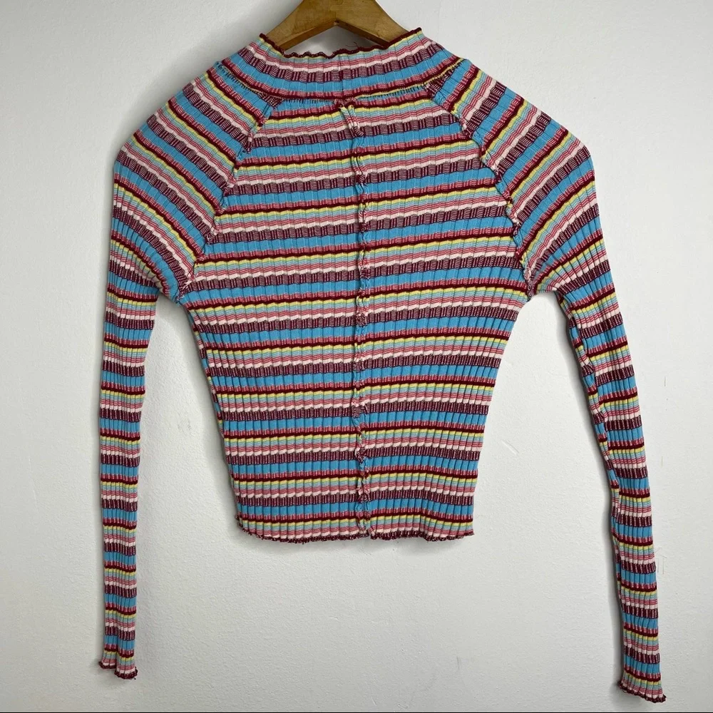 Free People Retro Mirror Blue Striped Mock Neck Ribbed Long Sleeve Crop Top Sz S - Picture 7 of 16